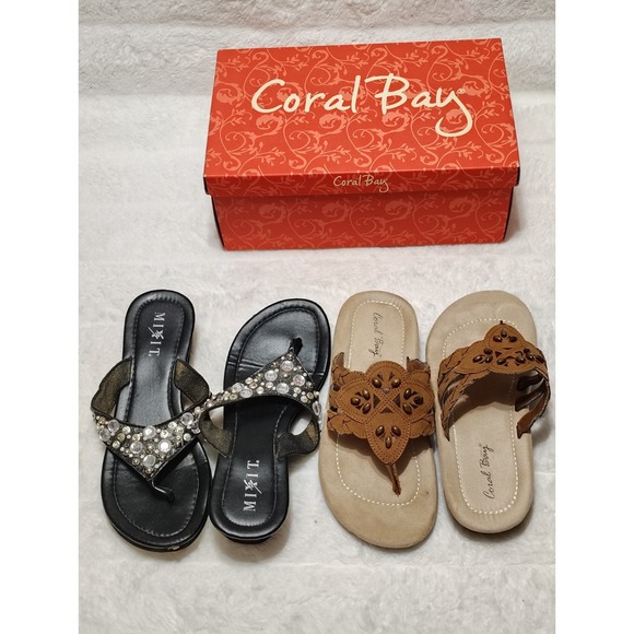 Set Women's Sz 6.5 Coral Bay Chestnut Parker Sandals+ Black Beaded Flip Flops - Picture 1 of 13